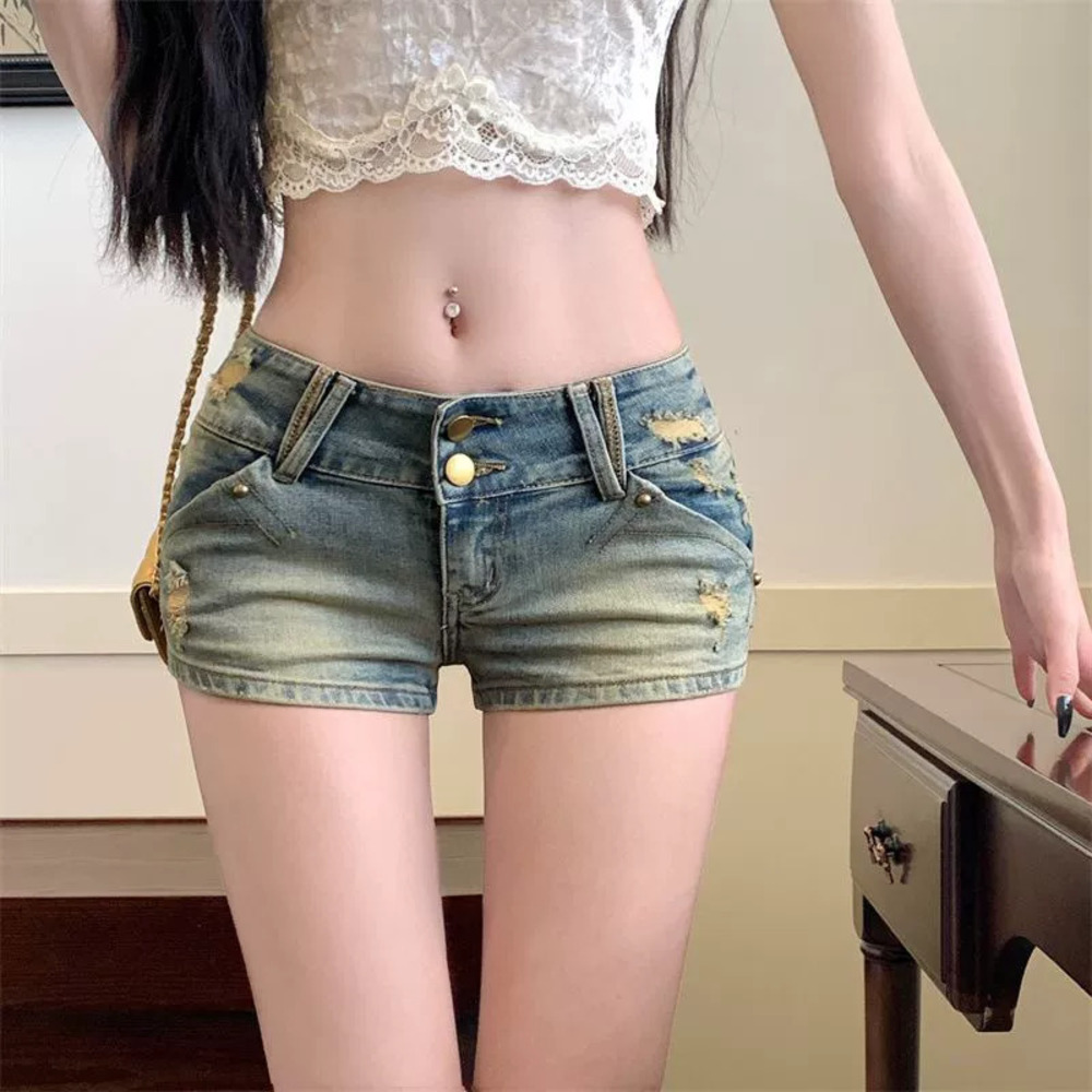 Zara Y2K Denim Bow Embroidery Low Rise Shorts Summer Washed Slim Petite
